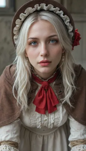 plaindoll, white hair, doll joints, bonnet, brown cloak, long dress, red ascot, (close up viev), masterpiece, best quality, 8k, Bloodborne, <lora:Bloodborne:1.3>, all, fours, arching4s, <lora:arching4s:.8>