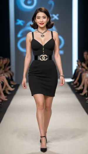 Highly detailed image, bright saturated colours, 8K quality, busty Asian girl on the catwalk, wearing a super short black dress by Coco Chanel, dress with open back, in the front the harness goes behind the neck leaving the shoulders open, very deep cleavage, on the belt a buckle in the form of the emblem of Coco Chanel, high heels, smiling, full-length view
