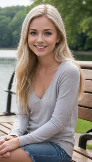 ziprealism, (medium closeup shot, sharp focus, focus on eyes, perfect eyes:1.2), (stunning young woman, sense of playfulness, candid snapshot esthetic, mischievous eyes, charismatic, wide brilliant smile), (subtle freckles, soft blush), (silver-blonde hair, long hair, sporty hair, stray hair:1.6), (round face, soft face, large doe eyes, subtle makeup, long eyelashes, adorable dimples:1.5), (sitting on park bench, lake overlook:1.8), shallow depth of field, bokeh background, RAW photo quality