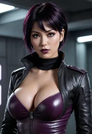 Captain Motoko, female, close up, short choppy dark purple/black hair, full body, ((large breasts)), sexy, dark clothing, black leather jacket, purple/black lipstick, blush on cheeks, expression confident, slightly suggestive, detailed, high contrast, low saturation, dynamic lighting, (sci-fi)