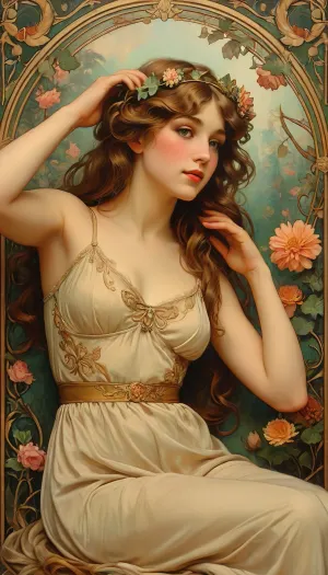 Rating_explicit, illustration of a beautiful woman in an art nouveau style garden, surrounded by blooming flowers and vines, semi-nude, dark triangular pubic hair, delicate floral crown, soft pastel colors, long wavy hair, serene and elegant expression, graceful pose, golden decorative elements around her, romantic and dreamy lighting, art nouveau background with ornate lines and natural curves, fine art photography, highly detailed, magical and ethereal atmosphere, soft focus on edges, of, Alphonse, Mucha, Painting, by, kl1mt, style, intrincate, patterns, <lora:tbh200-sdxl:.8>, <lora:Klimt_by_DevDope:.8>