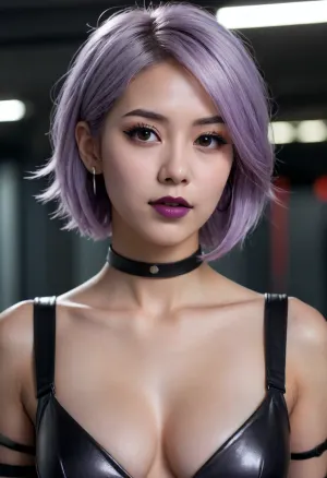 Haruka, scientist, female, close up, expression playful and suggestive, (medium choppy light purple/gray hair), dark gray/black outfit, (deep cleavage), purple lipstick, large silver hoop earrings, purple/gray jewelry, dark background, (sci-fi)