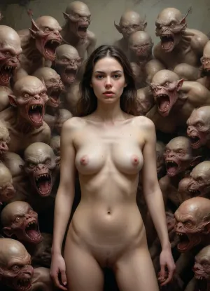 a painting of a woman surrounded by mini monsters by james paick, richard schmid by Shelby Robertson, highly detailed, extremely detailed, delicate detail, crisp quality, ultra realistic, hyperrealistic, award jenny saville, edward hopper, surrealism, dark art by james jean, takato yamamoto