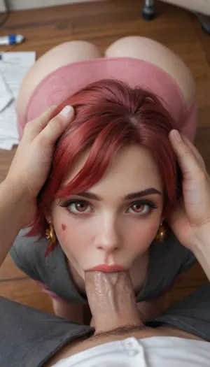 (((((yuno from overwatch))))), blushing, wet skin, sweaty, male POV, blowjob, deep oral penetration, arch in throat, ejaculation, cumshot, head grabbing, head down, cock in throat, deep blowjob, big cock, extremely big cock, from above, extremely beautiful, extremely, perfect face, perfect skin, long eyelashes, thick eyelashes, (side view), shiny pink lip gloss, gold earrings, big lips, (big, extremely round butt), extremely plump butt, butt sticking out, extremely tight butt, facing the viewer, conservative clothing, boss's office, full suit, patterned gray suit, tight suit, wide girdle, tight girdle, lines in the suit, smooth pants, no pockets, tight pants, long pants, tight clothing, skintight, deep butt crack, (gluteal crease), waist, flirtatious, round eyes, dimorphic female face, deep ass crack, bubble butt, focus on extremely juicy bubble butt, plump ass, eye shadow, office, round ass, big ass