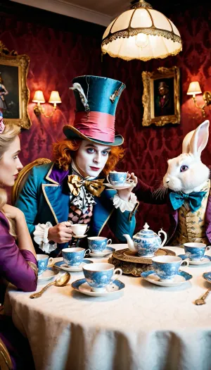 Super realistic image, full colour image, full body view, full body in frame, 8K quality, super detail, masterpiece, Alice in Wonderland, Alice, Mad Hatter and White Rabbit, drinking tea at a long table with 20 tea cups best lighting, professional quality photo shoot