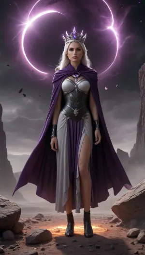 (masterpiece, ultra detailed, highres, 8k), ethereal sci-fi fantasy, a powerful celestial queen standing on the crumbling surface of a dead planet during a solar eclipse, the world in black-and-white grayscale except for her glowing violet plasma crown and subtle purple glints on her jewelry, long flowing black cloak flutters in zero gravity, ancient stone symbols glowing faintly around her feet, dust and cracked rocks levitating gently, eyes burning with energy, background shows half-lit eclipse casting long surreal shadows, concept art, cinematic lighting, wide angle