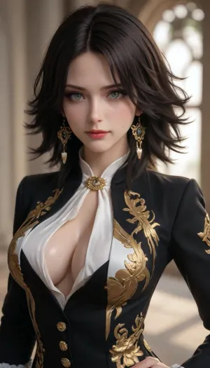 Best quality, masterpiece, high resolution, high detail, perfect lighting, best shadow, best frame, dark theme.

//🙎//, (bayonetta3, boa Hancock, mai shiranui), .

//💋// smirk, golden eyeliner, violet eyeshadow, (black wavy hairs:1.5), ((oiled skin)), ((sweaty)), .

//🏛//, (noon, modern villa, coconut tree), .

//💪//, (standing, half body, side view:1.2), .

//👙//, (big breasts:1.3), .

//🤘//, (neatly dressed), .

//👚//, ((black suit and shirt), (silver lion print)), .

//💍//, (black garter belt), .

//🎬//, (light penetrating through hair strands, glowing tips, golden rimlight, backlight), (strong light shone on her body from forward), extreme reflection, light and shadow contrast, (Depth of field， perspectives), .

//📎//