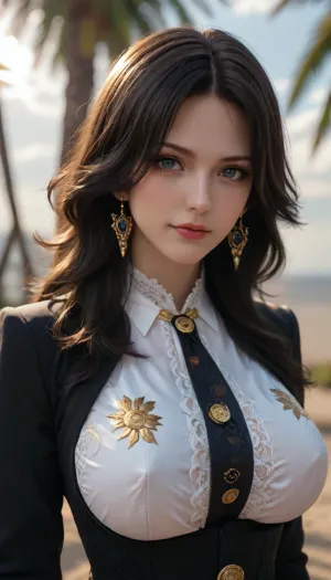 Best quality, masterpiece, high resolution, high detail, perfect lighting, best shadow, best frame, dark theme.

//🙎//, (bayonetta3, boa Hancock, mai shiranui), .

//💋// smirk, golden eyeliner, violet eyeshadow, (black wavy hairs:1.5), ((oiled skin)), ((sweaty)), .

//🏛//, (noon, modern buildings, coconut tree), .

//💪//, (standing, half body, front and side view:1.2), .

//👙//, (massive breasts:1.3), .

//🤘//, (neatly dressed), .

//👚//, (white lace_trim shirt), ((black suit), (silver clouds print)), .

//💍//, (), .

//🎬//, (light penetrating through hair strands, glowing tips, golden rimlight, backlight), (strong light shone on her body from forward), extreme reflection, light and shadow contrast, (Depth of field， perspectives), .

//📎//