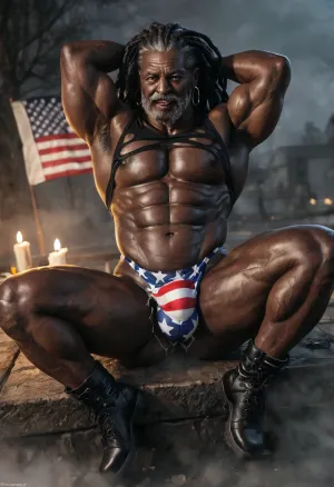 A black slut daddy, 60-years-old, muscles, big pecs, (big pecs:1.3), big bulge, big booty, (big booty:1.4), full beard, big thick mustache, (dreadlocks hair:1.1), dark black skin, (black skin:1.4), (old black daddy:1.5), black slut daddy, american flag crop-top, american flag thong, (torn ripeps:1.3), big bulge thong, worn learher boots, big balls, nice round booty, sexy picture, lying on old worn tomb, mysterious cimetery, dark night, one candle light, full-length, only gay, fog, (fog:1.3), full-length view, only solo picture, hot teasing daddy, sexy poses for the viewer, from rear view, lip bite, arrogant attitude