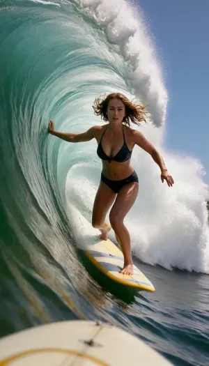 A fearless woman, balanced on her surfboard, rides through the massive curl of a towering ocean wave. The sunlight glistens on the water as she emerges from the barrel, a picture of strength and grace., green, eyes, blue, brown, perfecteyes, <lora:PerfectEyesXL:.5>