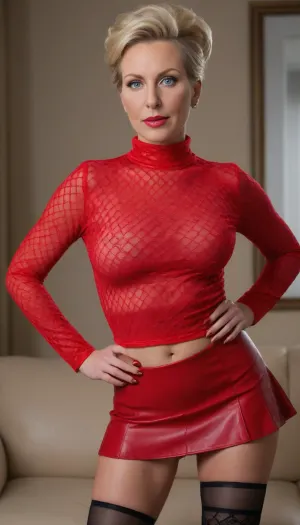 A RAW photo, close up, face focus, 1/2 body view, soviet mature woman, ((flashed her panties)), ((completely clothing)), ((in red fishnet blouse, and leather mini skirt, and stockings)), (curvy body), ((blonde updo haircut)), 40 years old, perfect face, blue eyes, (bright makeup:1.5), red lipstick, sitting on sofa, microskirt, extremely, short, skirt, <lora:MicroSkirt_XL:.5>