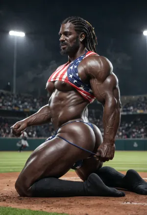 A black slut daddy, 60-years-old, muscles, big pecs, (big pecs:1.3), big bulge, big booty, (big booty:1.4), full beard, big thick mustache, (dreadlocks hair:1.1), dark black skin, (black skin:1.4), (old black daddy:1.5), black slut daddy, american flag crop-top, american flag thong, (torn ripeps:1.3), big bulge thong, long sport socks and old worn sneackers, big balls, nice round booty, sexy picture, kneeling on baseball stadium, lift up baseball batte, dark night, one candle light, full-length, only gay, fog, (fog:1.2), full-length view, only solo picture, hot teasing daddy, sexy poses for the viewer, from rear view, lip bite, arrogant attitude