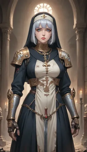 La religieuse de fer de warhammer

- Oui.

L'Adepta Sororitas, une figure formidable de Warhammer 40k lore, se dresse haut dans une illustration inspirée d'anime. Ses muscles bien définis et ses traits aigus sont bien exposés car elle se pose en toute confiance dans une forteresse médiévale éclairée par la torche. Les cicatrices et la saleté sur son visage racontent d'innombrables batailles, mais ses yeux bleus véhiculent un profond sentiment de dégoût devant le chaos qui l'entoure. Clad en armure ornée des emblèmes ARGENT SHROUD et BLOODY ROSE, elle porte une épée avec facilité, montrant son immense force et puissance. Sa coiffure coupée en pixie et ses doigts parfaits ajoutent à son aspect frappant.
