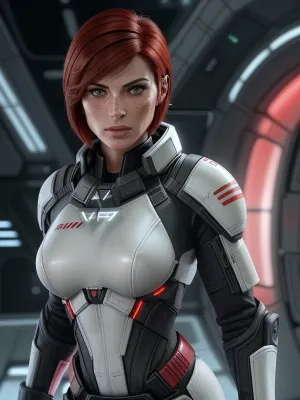 (FemShep from Mass Effect 3), Extremely beautiful athletic woman, (Symmetrical face angular features with high cheekbones and a strong jawline striking and commanding), (Light complexion with subtle pink undertones and freckles), full lips, (Bright red Shoulder length, swept-over side part hair), (Light green sharp and alert eyes), (wearing N7 combat armor — black with red and white detailing, sleek and tactical), (normandy spaceship background), realistic detailed face, realistic detailed hair, realistic detailed body, realistic detailed skin, realistic detailed hairy pussy, realistic detailed natural sagging breasts, random view angle, action pose, detailxl