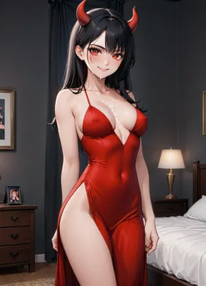 painted art, not photo, anime art, The devil from VK stickers, art, drawing, sexy pose, slim girl, tall, average chest, not big chest, fit, red tight dress, dress with a slit at the bottom, medium breasts, black hair, small horns, standing in the bedroom, good art, the devil from VK stickers, not a photo, smiling, all over her face in cum, lots of cum on her face and chest, a lot of cum on her