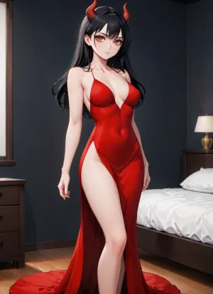 painted art, not photo, anime art, The devil from VK stickers, art, drawing, sexy pose, slim girl, tall, average chest, not big chest, fit, red tight dress, dress with a slit at the bottom, medium breasts, black hair, small horns, standing in the bedroom, good art, the devil from VK stickers, not a photo, anime art.