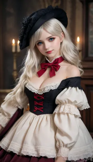 plaindoll, medium longwhite hair, look at me, 17 y.o. young pretty egirl, young pretty face, coquette, young mom, doll joints, bonnet, brown cloak, shy smirk, long dress, red ascot, (close up viev), masterpiece, saggy breasts, sexy cleavage, best quality, 8k, Bloodborne, <lora:Bloodborne:1.3>, sweetegl, sweetop, swe3tjsk, bl0use, <lora:SweetLolitaXLv4.23:.8>