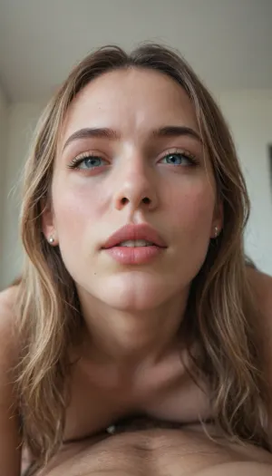 photorealistic cowgirl sex position, (face 1:2), photo seen from below, long hair, girl top me, face down, face close my face