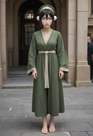 Toph from The Legend of Korra in republic city, standing barefoot, green robe and pants, ((grey eyes:3.4)), (full body)
