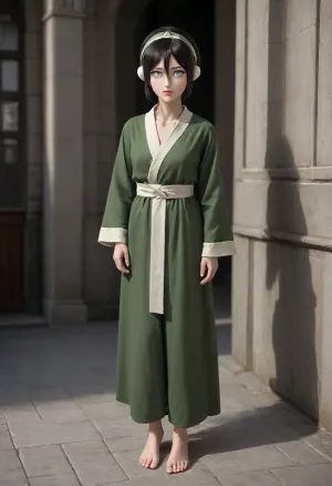 Toph from The Legend of Korra in republic city, standing barefoot, green robe and pants, (((grey eyes:3.4))), (full body)