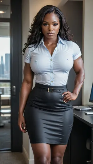 full body view of a voluptuous black African American milf in a dynamic pose, secretary, office building, office worker, (obsidian skin:1.9), (((standing in an office))), ((wearing a button-down shirt and a pencil skirt with a tie and high heels)), ((((full body view:1.8)))), (huge bolt-on tits and fit toned body:1.3), (thick thighs:1.4), powerful legs, (strong legs), (muscular thighs:1.4), ((muscular calves)), (((perfect abs:1.4))), seductive gaze, flawless eyes, (masterpiece:1.2), long messy hair, (perfect hands:1.4), provocative pose, 4ng3l, face, <lora:uberfit_lora_sdxl:.2>, <lora:SDXL_BetterFaces-LoRA_v1:.9>