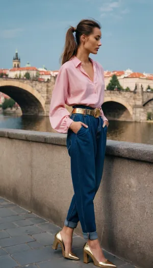 dark blue baggy paperbag slouchy jeans, very long hair, gold belt, gold shoes, prague, slouchy style, ponytail, pink blouse, from the side