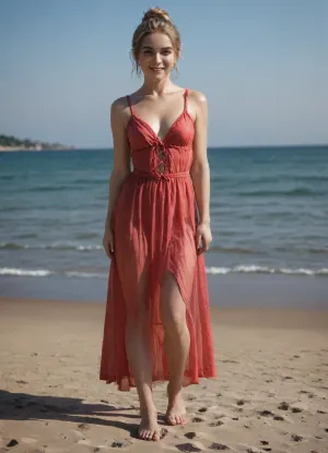 18-yo blonde white girl, smiling, solo, bun of blonde hair, medium, (3.0), standing on a sandy beach, red summer dress, full body play of light and shadows, very detailed, highres, 8k, photorealistic, intricately detailed face, <lora:ral-ducttape-sdxl:1.5>, <lora:shibari_bondage_-_v0.9.1.2-000010:1.1>