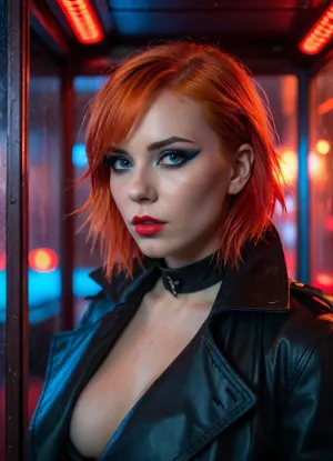 goth girl, leaning, inside phone booth, (black trench coat open), spiked collar, nude, (bright orange hair:1), boobs, muscular, petite, sweaty skin, wind, long, bangs, detailed eyes, cigarette in mouth, smug expression, goth makeup, head tilted, face close up, (dark night), (rain:1.3), (red and blue neon lighting:1.4), 18+, badquality, low, quality, <lora:badquality_v02:2>
