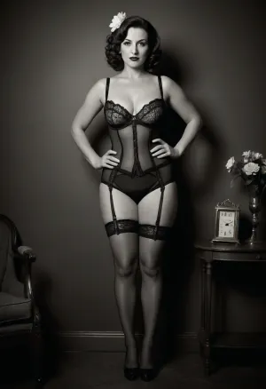 A vintage black and white photograph of a curvy mature milf 40 years old posing confidently. full length body view, She wears old fashioned victorian style underwear, Her hair is styled in retro waves adorned with a floral accessory. The background features soft shadows, adding a dramatic effect to the scene. The overall aesthetic conveys a blend of classic glamour and modern sensuality, evoking the charm of mid-20th century fashion photography., DDpencil, drawing, Retro, pantybriefs, wearing, underwear, thighhighs