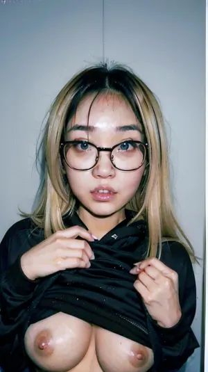 blond woman with glasses and a black hoodie taking a selfie, a screenshot, a character portrait, inspired by Lü Ji, realistic anime 3 d style, realistic human face, realistic anime face, 3d character realistic, very realistic face, Big boobies, Black Shirt, Liftin Shirt, Show boobies, invisible Shirt, easynegative, shirtlift, <lora:shirtliftv1:1>, <lora:InstantPhotoX3:.8>