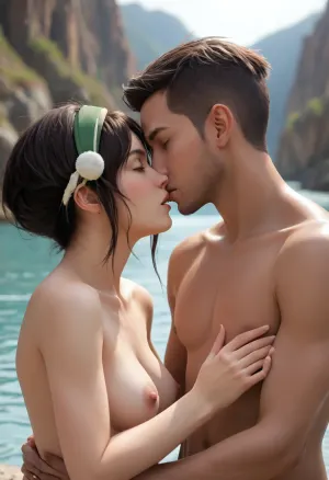 ((two people)), from The Legend of Korra, holding each other, (naked), passionately, (kissing), (eyes closed), BREAK Toph, BREAK, (taller Water Tribe Man), ((dark skinned:1.9)), (brown hair), short Mohawk and Goatee.