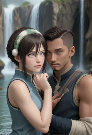 ((two people)), from The Legend of Korra, holding each other BREAK Toph, (grey eyes:3.2), in, (black cloths), BREAK, (taller Water Tribe Man), (blue eyes:1.2), ((dark skinned:1.9)), (brown hair), (blue sleeveless shirt), a short Mohawk and Goatee