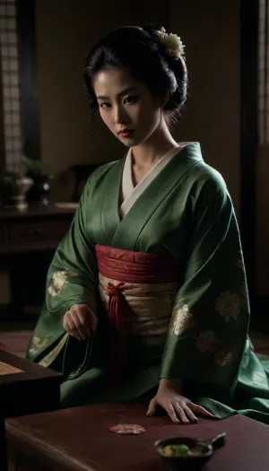 Japanese woman, geisha, kneeling before japanese table, opened kimono, show nipples, traditioanl japanese bunn traditiona, green, perfecteyes, <lora:PerfectEyesXL:.5>, <lora:add-detail-xl:.8>, <lora:dark:.8>