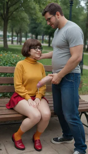 A man is sitting on a bench in a park next to tiny velma, velma is 48in, tiny woman, skinny, big tits, the man has a huge cock, (12in), massive dick, velma has torn clothes, tits showing through the holes, full body view, 40 yo man, man smiling to camera, in park, man is dressed with open pants, erection, massive cock, gigantic cock, hard cock, velma is groping his cock, handjob, velma is covered in cum, cum all over her body, man and velma are full in frame