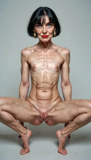 Granny, old woman, 69yo, flat chest, spread legs, full body, wrinkled face, blue eyes, black hair bob haircut, red lips, earrings, natural old skin, saggy breasts, sagged big empty tits, flat, chested, puffy, nipples, ghost, wide, <lora:flat_chested_v3.5:.5>, <lora:Nipples XL:.4>