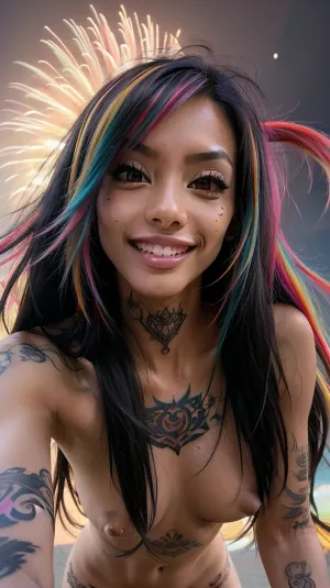 full body wide angle, (close up shot from below:1.7), of a nude 24 yo beautiful Malaysian maxim hot 100 model, (completely covered in colorful emo style tattoos:1.4), very long straight black hair, (crawling over the camera:1.5), joy, photo taken with a 10 mm wide angle lens from below, (eyes open and looking at camera), visible nipples, tan skin, extremely very long flowing hair, (dazzling smile:1.3), ((small c cup fake round firm breasts)), desert sunset, fireworks, \, ahegao, face, pleasure, <lora:weight_slider_v2:-1>, <lora:tonguedrop-d:.1>