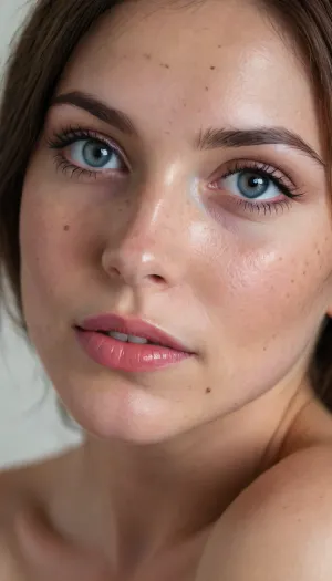 ziprealism, (closeup face portrait, sharp focus, focus on eyes, perfect eyes), (adorable woman, romantic mood, intimate bedroom esthetic, loving eyes, shy expression, bashful pose, uncertain eye contact:1.6), (vibrant blue eyes, extreme eye detail, catchlights:1.4), (warm brunette hair, voluminous hair, short cut hair, swept back hair style:1.2), (chiseled cheekbones, delicate face, sensual lips, defined jawline, bold eyeliner, dimples, soft bashful smile, subtle freckles:1.4), shallow depth of field, bokeh background, RAW photo quality, slightly leaning forward, chin slightly lowered, (low-light, low-key, dramatic lighting, contrasting shadows:1.4), <lora:zavy-cntrst-sdxl:1.5>