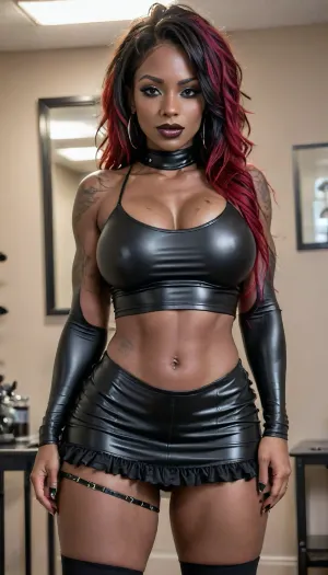 8k, (full body view of a voluptuous black African American goth dominatrix:1.3), (obsidian skin:1.8), (((goth makeup))), (septum piercing:1.6), ((Wearing a frilly miniskirt and a tight shirt:1.4)), (huge bolt-on tits and fit toned body:1.4), reflective skin, (condescending stare:1.3), (sexy perfect six-pack abs:1.3), flawless eyes, (masterpiece:1.4), long messy hair, (perfect hands:1.5), (((doll-like pose))), 4ng3l, face, <lora:uberfit_lora_sdxl:.4>, <lora:SDXL_BetterFaces-LoRA_v1:.3>