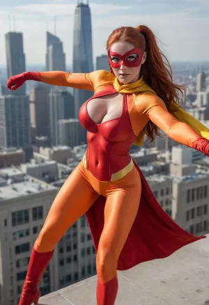 Pyro Vixen, super heroine, vibrant colors, (orange costume with yellow accents), (red cape), (long flowing red hair in a ponytail), slight tan, ((muscular)), fit, (toned), ((large breasts)), (orange mask), action pose, on top of building, city in background