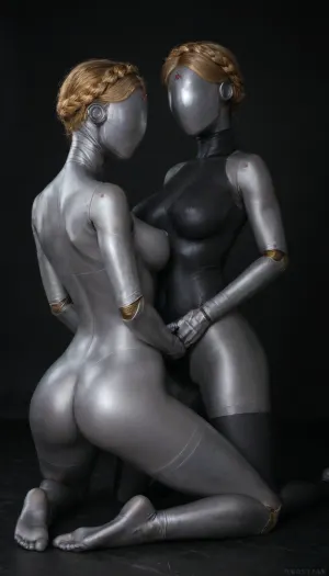 2girls, Two atomic heart twins, kneeling gracefuly, nude, ouching each other ass, spreading ass, ass back, focus on ass, cameltoe, black background, AtomicHeartTwinsCosplay, woman robot, face covered by glistening blister, joints, blond hair, thighhighs, redstar on forehead, full bodysuit, thigh gap, large breasts, reflexion, raw, lighting, overexposed, harsh, flash, <lora:AtomicHeartTwinsCosplay_SDXL:2>, <lora:Twins1024:.8>, <lora:Rawfully Stylish v0.2_epoch_20:.8>