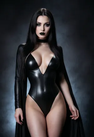Evil sorceress, dark, black and white, long straight black hair, high-contrast, sexy, full body, close up, (black robes), (black leather leotard), (black lipstick), ((large breasts)), gothic, cinematic, fashion, dramatic lighting, intense gaze, powerful, sexy pose, dark background, night, vintage, smooth skin, expressionless, detailed, 9k, vibrant colors, high resolution, hyperrealistic