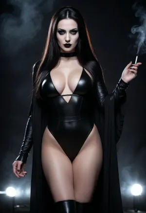 Evil sorceress, dark, black and white, long straight black hair, high-contrast, sexy, full body, close up, (black robes), (black leather leotard), (black lipstick), ((large breasts)), gothic, cinematic, fashion, dramatic lighting, intense gaze, powerful, sexy pose, dark background, night, vintage, smooth skin, expressionless, detailed, 9k, vibrant colors, high resolution, hyperrealistic