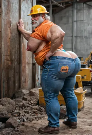 A big beef grandpa, 80-years-old, beefy gradpa, ugly face, short white hair, full white beard, big white thick mustache, white hairy body, pale skin grandpa, nice body, sexy grandpa, big pecs, (big pecs:1.3), big ass, (big ass:1.5), (old beef daddy:1.6), big muscles daddy, oiled body, (big nipples:1.6), modern day construction worker, (construction outfit:1.4), construction helmet, outdoor, working on construction site, tight jeans, tools belt hips, butt plug in ass, big bulge thong, ripped pants, exposed ass, (big booty:1.5), horny expression, embarrassed, bending over, breaking a wall, blushing cheeks, solo picture, only gay male, teasing the viewer, full-length view, far view