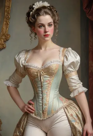 woman in underwear from the 18th century, corset, (farthingale:1.3), pantaloons, rococo style, J.C., Leyendecker, Style, page, <lora:J.C. Leyendecker Style:1.9>