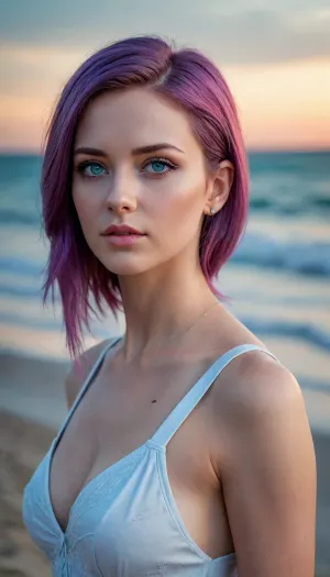 complex 3d render ultra detailed of a beautiful porcelain profile woman face, stood on a beach, sunset of pink and cyan complementary colours, ((looks very sweet)), (((Medium-long shot))), ((purple hair, blue eyes)), 150 mm, beautiful studio soft light, rim light, vibrant details, luxurious, hyper realistic, anatomical, facial muscles, elegant, octane render, DSLR, 8K, high quality, analogue style, professional, detailed skin texture, detailed hair texture, detailed pores, best quality, highest quality, cinematic lighting, ((sweet face)), (Alissa:.2), (volumetric lighting), extremely detailed CG unity 8k wallpaper, focused, 8k wallpaper, 4k wallpaper, extremely detailed, ultra realistic, photorealistic, sharp focus, absurdness, (HDR:1.2), (high contrast), photograph, 3dmm style, (masterpiece, top quality, best quality, official art, beautiful and aesthetic:1.2), 1girl, beautiful, high detailed, purple hair with a hint of pink, blue eyes, dark lighting, serious face, looking the camera, sky, body shot, focus on face, White dress, jewellery, in an elegant room
