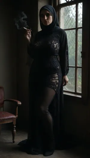 Woman smoking, 1950s vintage, sexy hourglass figure, full body, Milf, two tone hair, messy hairstyle, huge hips, (huge covered breast:1.3), black long lace dress, wearing loose hijab, lonely house wife, smoking, sit behind the window, <lora:dark:.8>