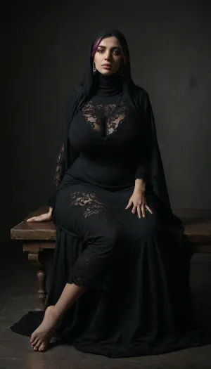 Glamourous woman, tall and sexy hourglass figure, full body, Milf, two tone hair, messy hairstyle, huge hips, (huge covered breast:1.3), black long lace dress, wearing loose hijab, sitting with her husband on the aeroplane seat, <lora:dark:.8>