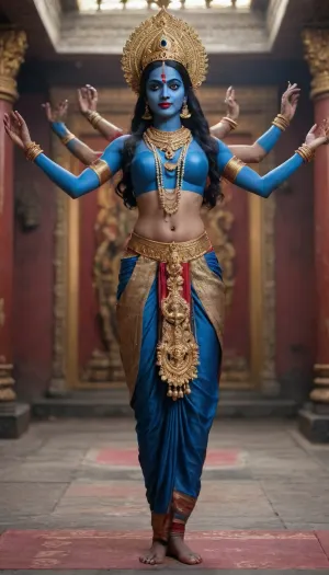 ((Indian goddess Kali)), Six arms, thin waist, blue skin, large round breasts, nude, necklace of human skulls, dancing bharatanatyam in an ancient Indian temple, full body view, quality 8K