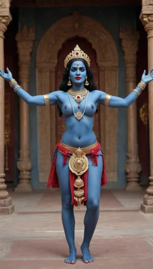 ((Indian goddess Kali)), Six arms, thin waist, blue skin, large round breasts, nude, necklace of human skulls, dancing bharatanatyam in an ancient Indian temple, full body view, Naked, shaved pussy, quality 8K