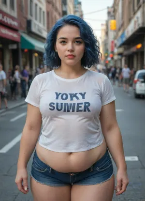 young chubby woman, blue hair, thick, large clothes, t-shirt, short shorts, pale skin, street in new york, hot summer, very sweating.